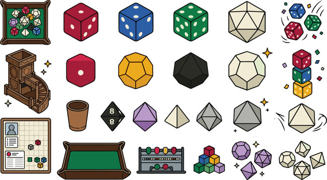 Tabletop gaming collection featuring polyhedral dice board game accessories RPG tools and tabletop vector illustration set
