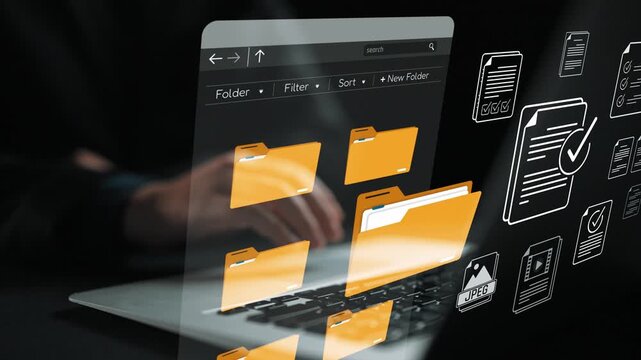 Digital Organization Concept with Laptop Displaying Virtual File Folders and Workflow Icons for Data Management and Technology Applications Sigmoid