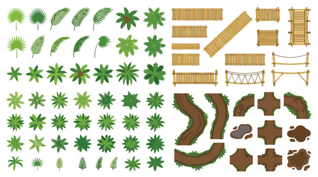 Tropical jungle game assets kit, top view forest plants and palm leaves, wooden bridge and dirt path construction set for map design