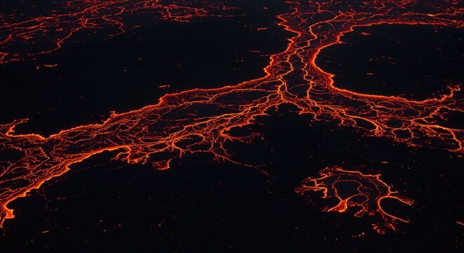 Erupting volcano spews molten lava flows across dark landscape at night
