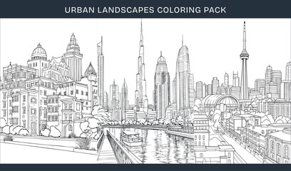 Obraz premium Urban landscapes coloring page pack with big city life skyline outline vector line art illustrations. Detailed architecture, skyscrapers, towers set for adult printable colouring book