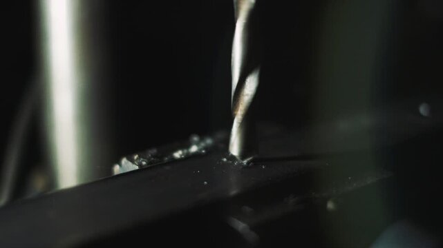 Closeup drill bit cutting metal surface slow deliberate drilling producing fine shavings and tiny droplets on steel