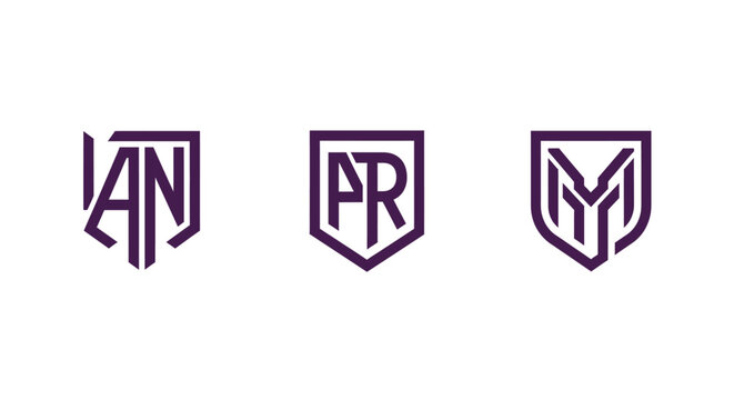 Three ornate shield logos with initials design.