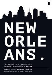 Fototapeta premium New Orleans black typography poster with skyline silhouette, vintage city travel Louisiana USA graphics. Minimalist utilitarian layout with geographic coordinates, history, culture