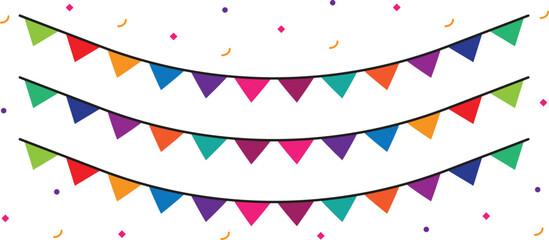 Obraz premium Colorful bunting flags with triangles and falling confetti party flags. Birthday party bunting. Retro bunting in simple flat style. Festive party celebration background