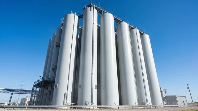Industrial Silo Storage Tanks Facility Exterior View on a Clear Blue Sky Day, Manufacturing Plant