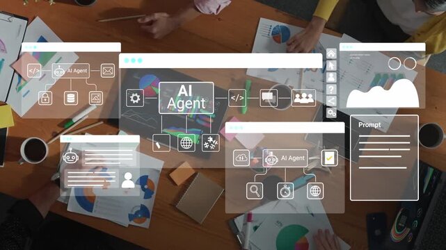 Collaborative Meeting on AI Technology Solutions with Digital Interfaces and Data Visualization Elements Present on a Wooden Table. Entropy.