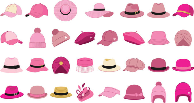Women's hat collection featuring baseball caps beanies berets bucket hats fedoras visors and fashionable headwear vector illustration set