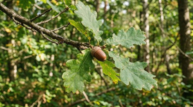 Close-up oak leaf branch with acorn in forest