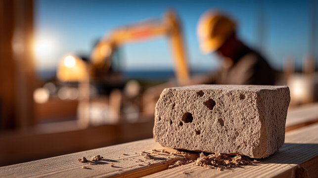 Concrete building block on wooden plank at construction site with construction concrete building