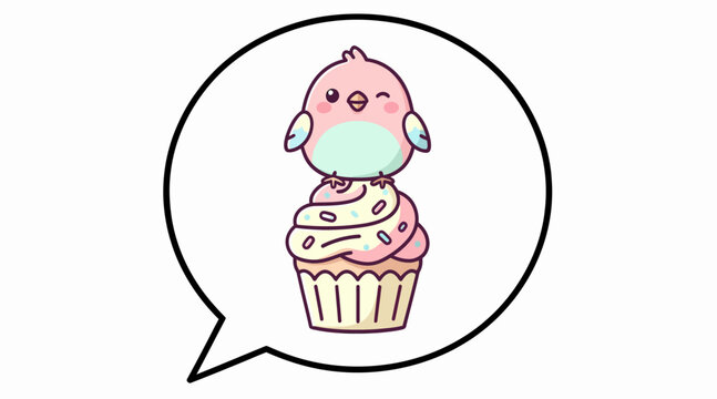 Cartoon bird wearing face mask on cupcake