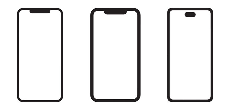 Set of modern smartphone device silhouettes showing different screen notch and cutout styles isolated.