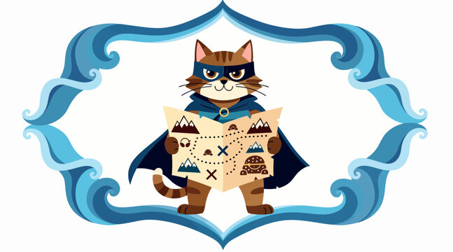 cartoon cat in superhero cape holding treasure map