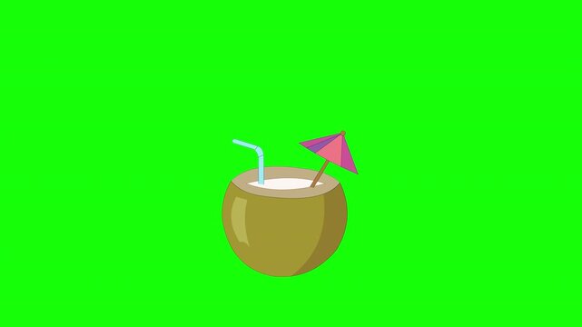 Tropical coconut drink with straw and cocktail umbrella isolated on green screen background for chroma key animation