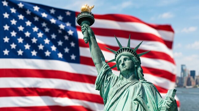 Statue of liberty standing tall with american flag