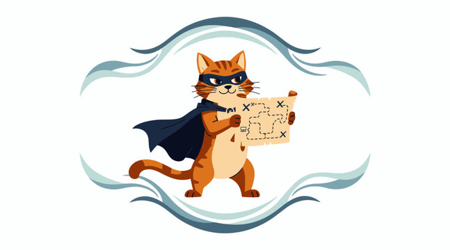 cartoon cat superhero holding map