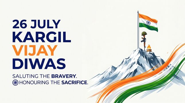 Kargil vijay diwas patriotic greeting card with indian flag and soldier memorial