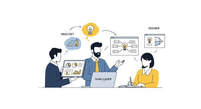 An analyst, a team leader, and a designer collaborate in a professional setting, utilizing data charts and creative ideas to brainstorm solutions.