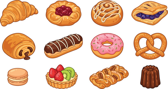 Bakery pastry collection featuring croissant donut eclair danish tart pretzel and sweet dessert vector illustration set
