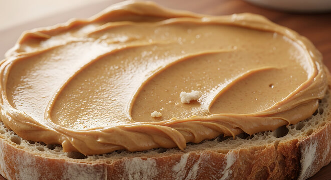 Creamy Peanut Butter Spread on Sourdough Bread - Close Up Macro Shot