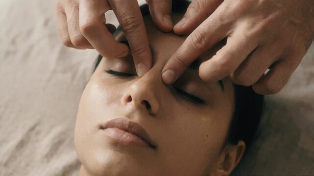 Close view of a person resting on a pillow while another pair of hands gently presses the forehead and temples in soft indoor light, creating a peaceful