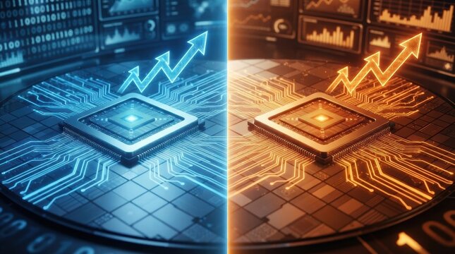 Split-screen semiconductor battle concept with two glowing processor dies on silicon wafers, circuit traces, rising stock arrows, and cool blue versus warm orange lighting.