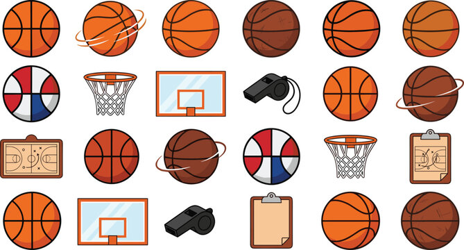Basketball equipment collection featuring basketballs hoops backboards whistles coaching boards and sports training vector illustration set