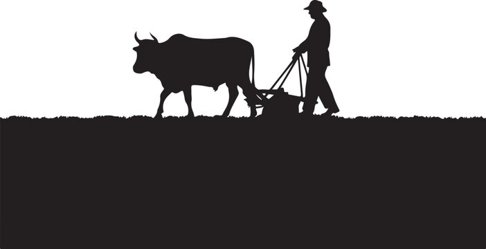 Silhouette of man plowing field with ox, black against bull