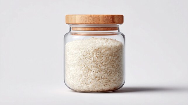 Glass jar filled with white rice and a bamboo lid, isolated on a white background
