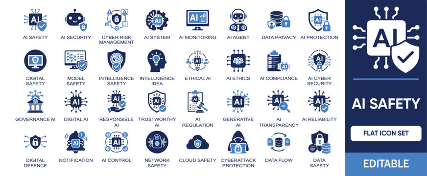 AI Safety and Ethics editable solid icon set. Includes symbols for compliance, data privacy & security, transparency, ai governance, protection. Vector icons elements Responsible AI Technology design.