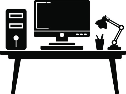 Minimalist desktop computer workspace table vector silhouette, pc monitor, desk lamp icon on white background
