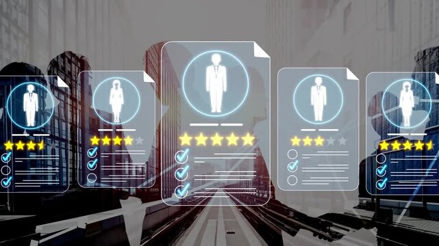 Digital representation of professional profiles showcasing ratings and qualifications against a cityscape backdrop with modern architecture and technology elements Sigmoid