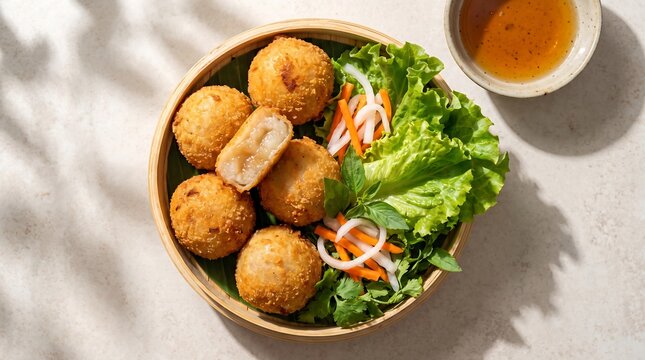 Golden Crispy B&aacute;nh Ram &Iacute;t with Vietnamese Herb Platterbanh ram it, hue street food, crispy rice cake, vietnamese cuisine, bamboo plate presentation, fish sauce dip, pickled vegetables, flat lay compos
