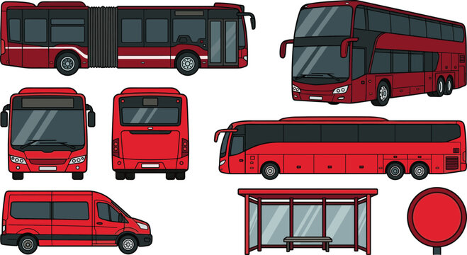 Bus transportation collection featuring city bus coach double decker minibus bus stop and public transit vector illustration set