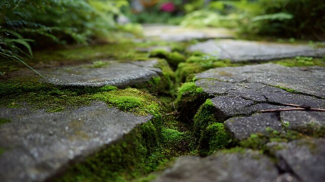 Stone pathway covered in vibrant green moss in a peaceful garden.