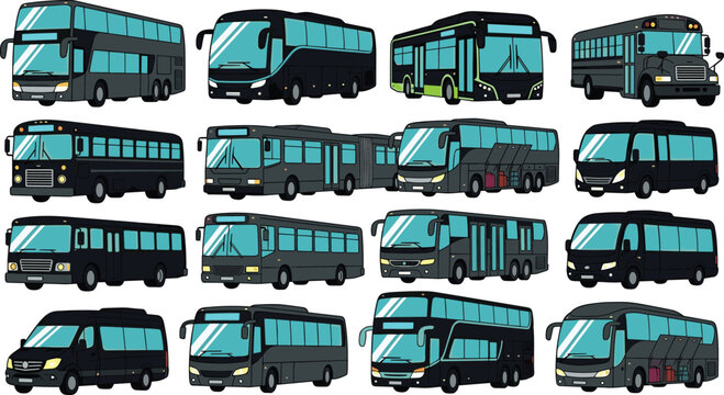 Bus transportation collection featuring coach buses city buses school buses minibuses and public transit vector illustration set