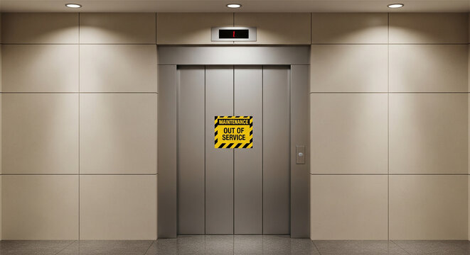 Out of service elevator with warning sign, broken lift doors in modern office building, maintenance and repair concept