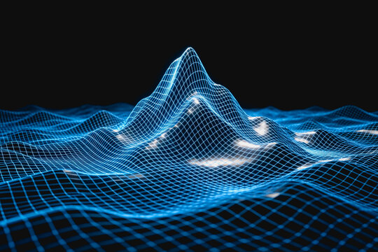 A 3D blue glowing wireframe terrain grid depicting peaks and valleys, used for data visualization or digital landscape concepts.