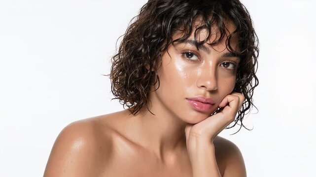 Close-up studio portrait of a young woman with bare shoulders, natural makeup, and wet curly hair resting her chin on her hand against a clean white background