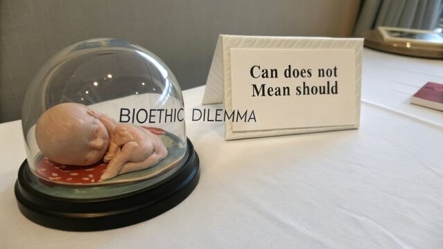 Ethical Debate Representation with Fetus Model and Thought-Provoking Sign on Table in Modern Setting