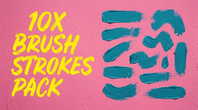Yellow text on pink background with blue brush strokes
