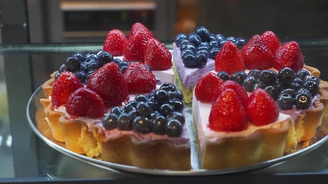 A vibrant and delicious mixed fruit tart featuring a buttery shortbread crust filled with smooth pastry cream, topped with fresh, juicy strawberries and blueberries. Perfect for dessert, bakery, or ca