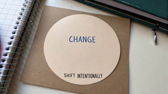 Inspirational Message on Change and Intentional Shift on Circular Card Surrounded by Office Supplies and Notebooks