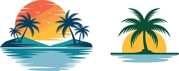 Tropical island sunset landscape icons, palm tree beach vector illustration collection for travel tourism and summer branding © Majnur