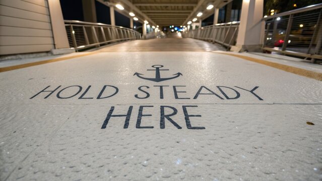 Inspirational message on urban pathway with anchor symbol, nighttime lighting creating a calm atmosphere for reflections