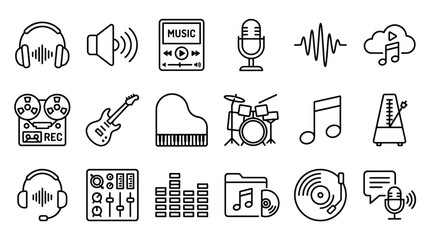 Collection of audio production and musical instrument icons. © ULFAITA