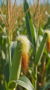 Wind pollination and fertilization process of corn plants in a sunny agricultural field showing detailed tassels and silk in natural light