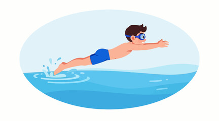 Fototapeta premium Boy swimming underwater in blue water with goggles, summer sport and fitness