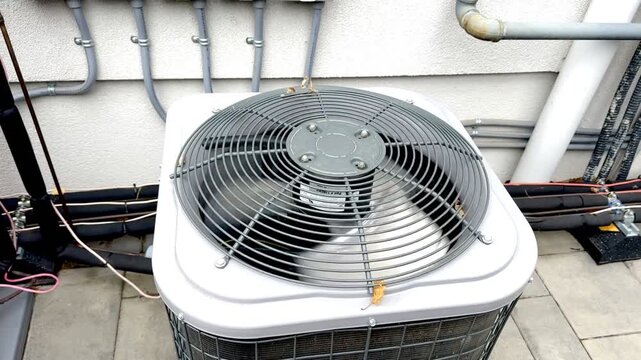 Residential Outdoor HVAC Condenser Units.Modern residential air conditioning condenser units installed beside a house with paved walkway and visible utility connections.