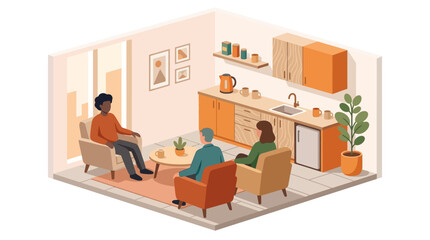 Fototapeta premium Isometric Illustration of People Socializing in Modern Studio Apartment Living Room